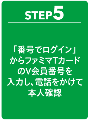 STEP5 「番号でログイン」からファミマTカードのV会員番号を入力し、電話をかけて本人確認