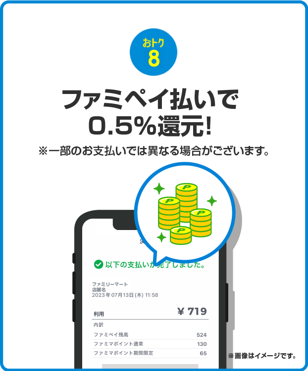 おトク8 ファミペイ払いで0.5%還元！※一部のお支払いでは異なる場合がございます。