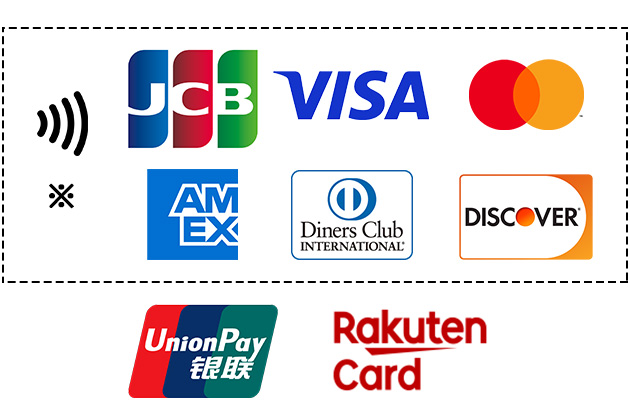 JCB、VISA、mastercard、American Express、Diners Club International、discover、unionpay、RakutenCard